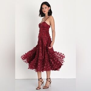 Lulu’s Time To Fly Butterfly Midi Dress Size Small Burgundy Romantic Feminine
